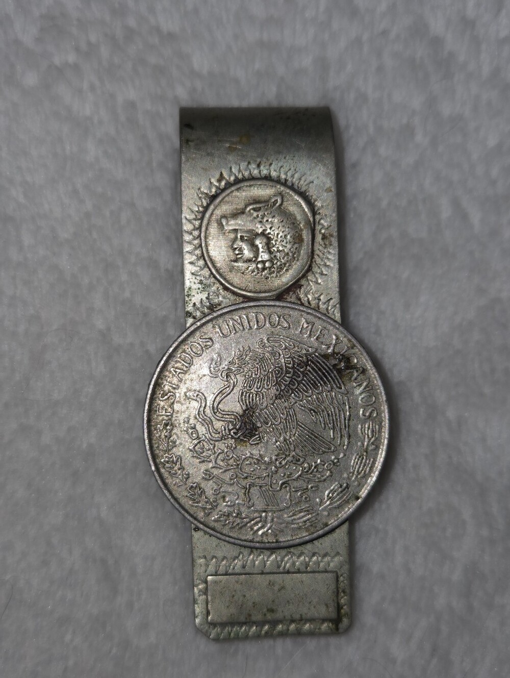 Vintage Mexican Money Clip 1957 One Peso/Native Warrior Head Motif Alpaca Silver